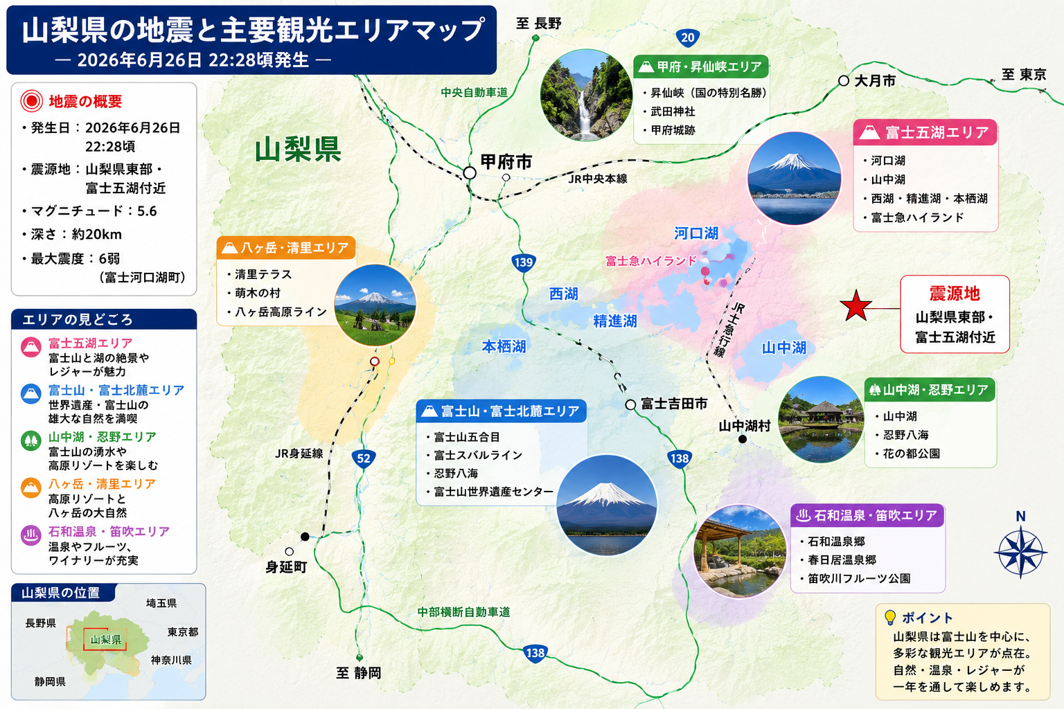 山梨県観光マップと震源地